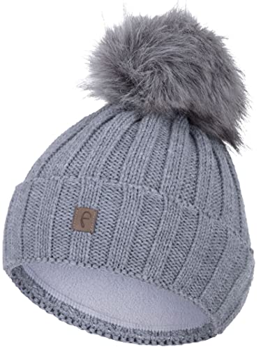 Faera Bommelmütze Mütze Damen gefüttert Wintermütze Strickmütze Mädchen Fleecefutter Beanie 79, Farbe:Grau von Faera