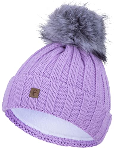 Faera Bommelmütze Mütze Damen gefüttert Wintermütze Strickmütze Mädchen Fleecefutter Beanie 79, Farbe:Lila von Faera