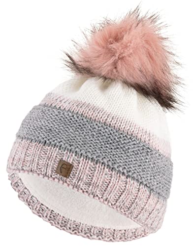 Faera Mütze Damen Wintermütze Pailletten gefüttert mit Fleecefutter Winter Herbst Bommelmütze Beanie Mädchen 74, Farbe:Rose von Faera