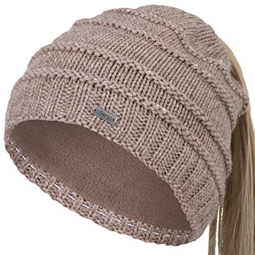 Faera Damen Wintermütze Zopfmütze Zopfloch Loch Zopf Beanie Mütze Strickmütze 72, Farbe:Braun von Faera