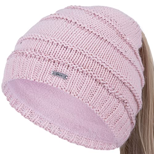 Faera Damen Wintermütze Zopfmütze Zopfloch Loch Zopf Beanie Mütze Strickmütze 72, Farbe:Rose von Faera