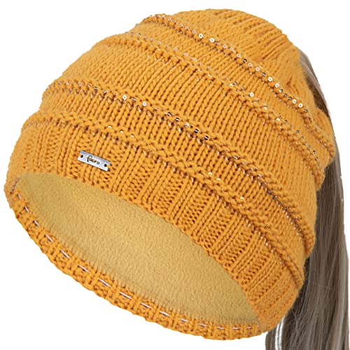 Faera Damen Wintermütze Zopfmütze Zopfloch Loch Zopf Beanie Mütze Strickmütze 72, Farbe:Senf von Faera