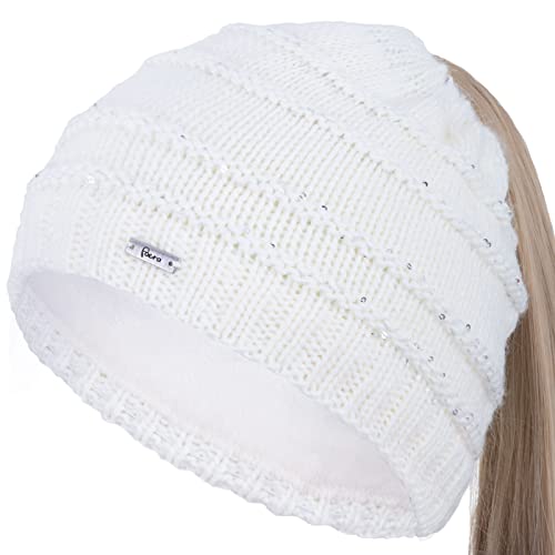 Faera Damen Wintermütze Zopfmütze Zopfloch Loch Zopf Beanie Mütze Strickmütze 72, Farbe:Weiß von Faera