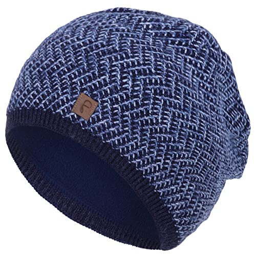 Faera Mütze Damen Wintermütze meliertes Strickmuster gefüttert Fleecefutter Beanie Mädchen Strickmütze 76, Farbe:Blau von Faera