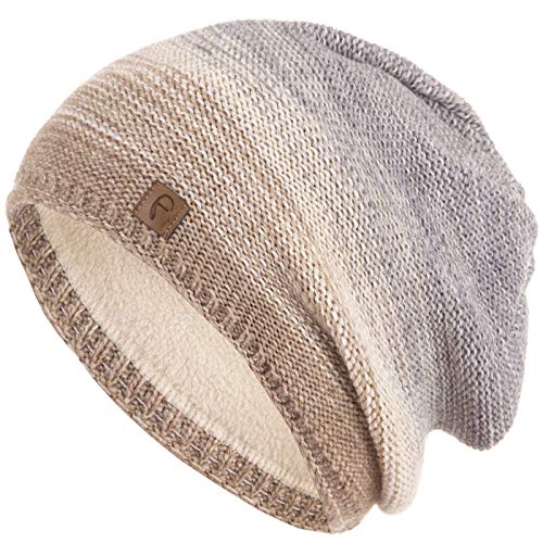 Faera Mütze Damen Wintermütze Mehrfarbig warm gefüttert Fleece-Futter Winter Herbst Strickmütze Beanie Haube Mädchen 57, Farbe:Beige von Faera