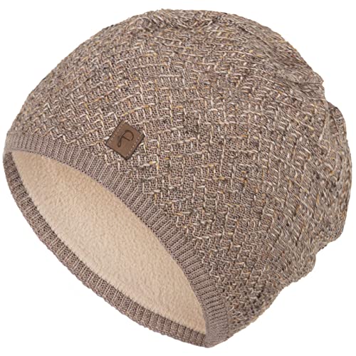 Faera Mütze Damen Wintermütze meliertes Strickmuster gefüttert Fleecefutter Beanie Mädchen Strickmütze 76, Farbe:Beige von Faera