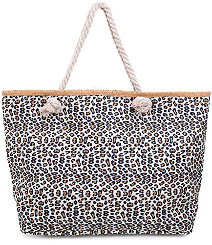 Faera Strandtasche Leoparden-Muster XXL Shopper Beach Bag mit breiter Kordel Schultertasche, Taschen Farbe:Weiss von Faera