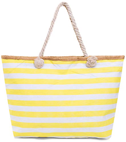 Faera Strandtasche Streifenmuster XXL Shopper Beach Bag mit breiter Kordel Schultertasche, Taschen Farbe:Gelb von Faera