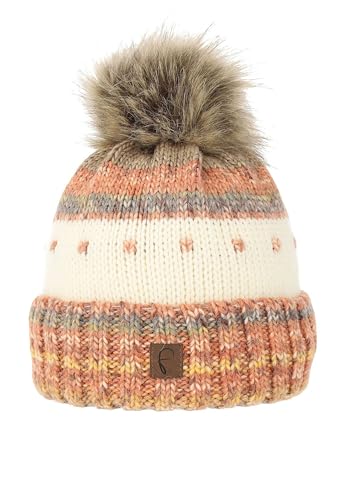 Faera Warme Damen Bommelmütze mit Kunstfell-Bommel und Thermo-Fleece Futter, Farben:Braun, Größe:One Size von Faera
