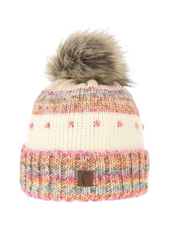 Faera Warme Damen Bommelmütze mit Kunstfell-Bommel und Thermo-Fleece Futter, Farben:Hellbraun, Größe:One Size von Faera