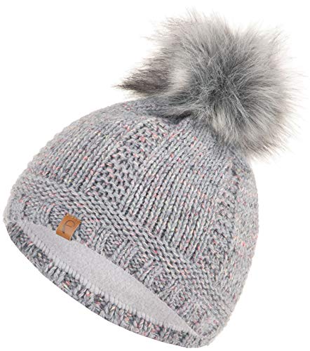 Faera Wintermütze Buntgarn gefüttert mit Kunstfell Bommel-Mütze Fleece-Futter Winter Strick-Mütze Beanie-Mütze Damen Herren One-Size 01, Farbe:Hellgrau von Faera