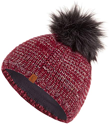 Faera Wintermütze Buntgarn gefüttert mit Kunstfell Bommel-Mütze Fleece-Futter Winter Strick-Mütze Beanie-Mütze Damen Herren One-Size 01, Farbe:Weinrot von Faera