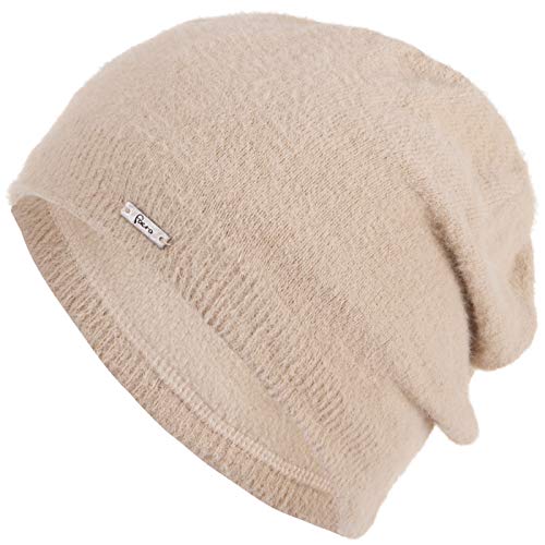 Faera Mütze Damen Feinstrick Wintermütze warm gefüttert Fleecefutter Winter Strickmütze Beanie Haube One-Size 58, Farbe:Beige von Faera