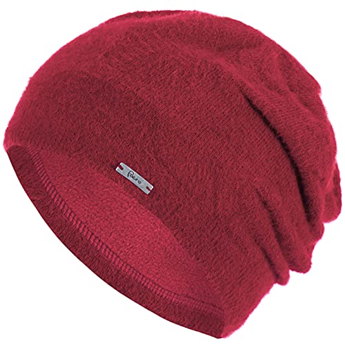 Faera Mütze Damen Feinstrick Wintermütze warm gefüttert Fleecefutter Winter Strickmütze Beanie Haube One-Size 58, Farbe:Rot von Faera