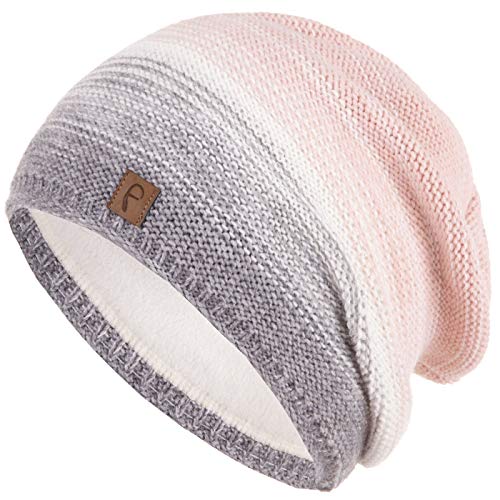Faera Mütze Damen Wintermütze Mehrfarbig warm gefüttert Fleece-Futter Winter Herbst Strickmütze Beanie Haube Mädchen 57, Farbe:Grau von Faera