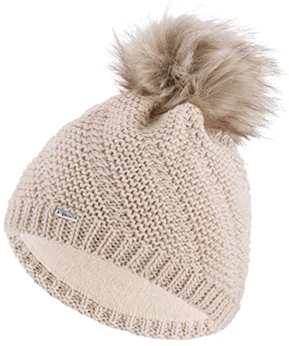 Faera Wintermütze Mütze Damen warm gefüttert Kunstfell Bommelmütze Fleecefutter Winter Herbst Strickmütze Beanie Mädchen 64, Farbe:Beige von Faera