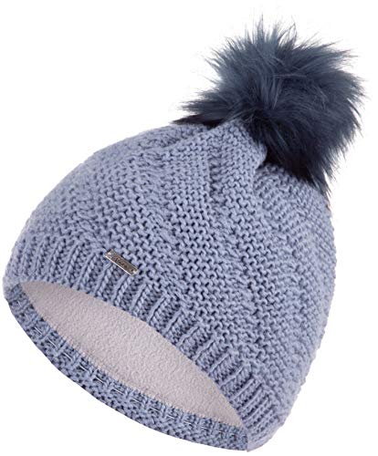 Faera Wintermütze Mütze Damen warm gefüttert Kunstfell Bommelmütze Fleecefutter Winter Herbst Strickmütze Beanie Mädchen 64, Farbe:Hellblau von Faera