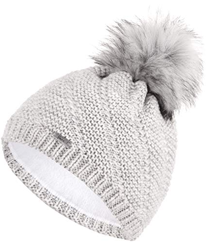 Faera Wintermütze Mütze Damen warm gefüttert Kunstfell Bommelmütze Fleecefutter Winter Herbst Strickmütze Beanie Mädchen 64, Farbe:Hellgrau von Faera