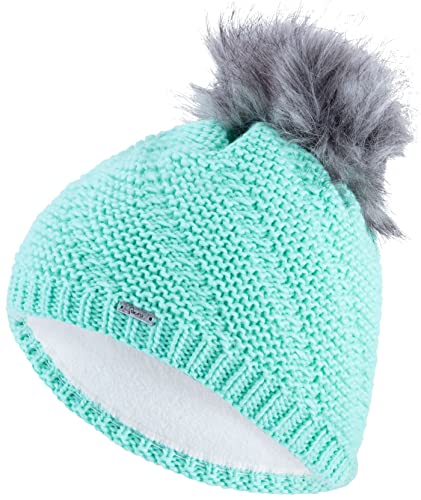 Faera Wintermütze Mütze Damen warm gefüttert Kunstfell Bommelmütze Fleecefutter Winter Herbst Strickmütze Beanie Mädchen 64, Farbe:Mint von Faera