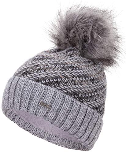 Faera Wintermütze Mütze Damen warm gefüttert mit Kunstfell Bommel Bommelmütze Fleecefutter Winter Strickmütze Beanie Mädchen 42, Farbe:Hellgrau von Faera