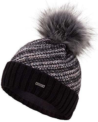 Faera Wintermütze Mütze Damen warm gefüttert mit Kunstfell Bommel Bommelmütze Fleecefutter Winter Strickmütze Beanie Mädchen 42, Farbe:Schwarz von Faera