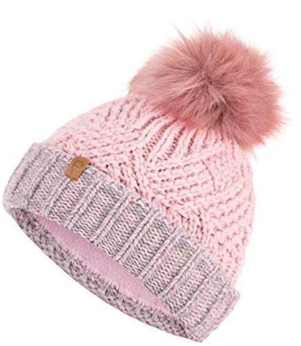 Faera Wintermütze warm Fleece gefüttert mit Kunstfell Bommel-Mütze Fleece-Futter Winter Strick-Mütze Beanie-Mütze Damen Herren One-Size 02, Farbe:Rosa von Faera