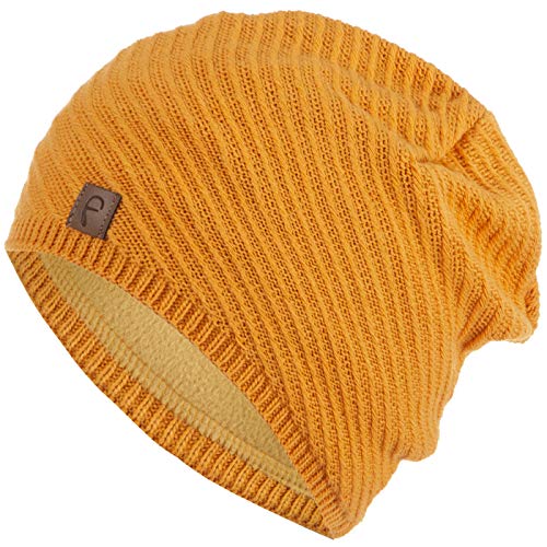 Faera Wintermütze warm gefüttert Fleece-Futter Winter Mütze Strick-Mütze Beanie-Mütze Damen One-Size 07, Farbe:Senf von Faera