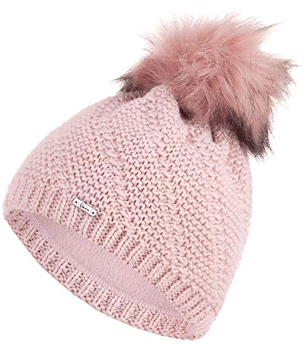 Faera Wintermütze Mütze Damen warm gefüttert Kunstfell Bommelmütze Fleecefutter Winter Herbst Strickmütze Beanie Mädchen 64, Farbe:Rosa von Faera
