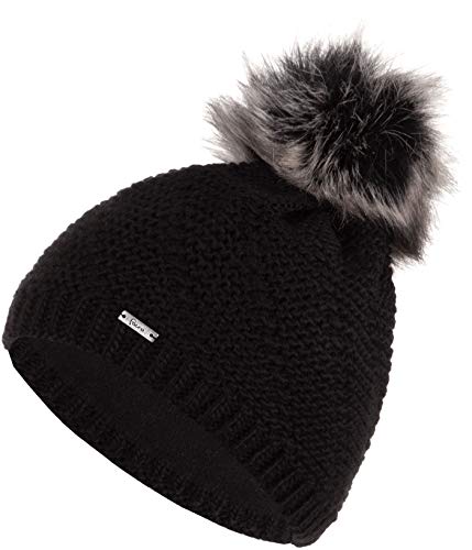 Faera Wintermütze Mütze Damen warm gefüttert Kunstfell Bommelmütze Fleecefutter Winter Herbst Strickmütze Beanie Mädchen 64, Farbe:Schwarz von Faera