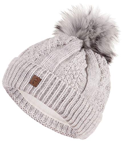 Faera Wintermütze Mütze Damen warm gefüttert Kunstfell Bommelmütze Zopf-Strickmuster Fleecefutter Bommel Winter Herbst Strickmütze Beanie Mädchen 61, Farbe:Hellgrau von Faera