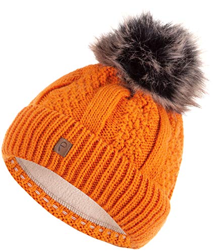 Faera Wintermütze Mütze Damen warm gefüttert Kunstfell Bommelmütze Zopf-Strickmuster Fleecefutter Bommel Winter Herbst Strickmütze Beanie Mädchen 61, Farbe:Orange von Faera