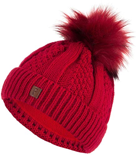 Faera Wintermütze Mütze Damen warm gefüttert Kunstfell Bommelmütze Zopf-Strickmuster Fleecefutter Bommel Winter Herbst Strickmütze Beanie Mädchen 61, Farbe:Rot von Faera