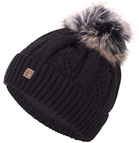 Faera Wintermütze Mütze Damen warm gefüttert Kunstfell Bommelmütze Zopf-Strickmuster Fleecefutter Bommel Winter Herbst Strickmütze Beanie Mädchen 61, Farbe:Schwarz von Faera