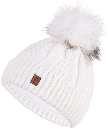 Faera Wintermütze Mütze Damen warm gefüttert Kunstfell Bommelmütze Zopf-Strickmuster Fleecefutter Bommel Winter Herbst Strickmütze Beanie Mädchen 61, Farbe:Weiß von Faera