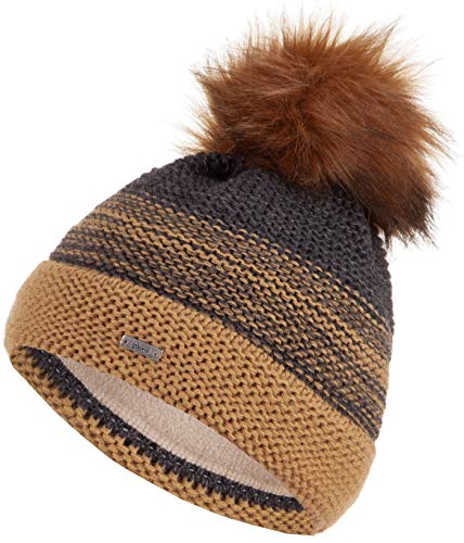 Faera Mütze Damen Wintermütze warm gefüttert mit Fleecefutter Kunstfell Bommelmütze Winter Herbst Bommel Strickmütze Beanie 60, Farbe:Braun von Faera