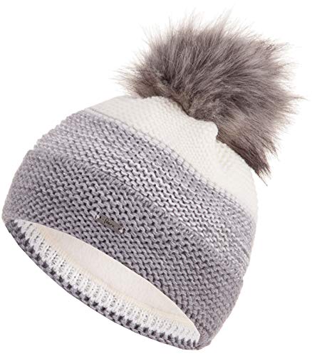 Faera Mütze Damen Wintermütze warm gefüttert mit Fleecefutter Kunstfell Bommelmütze Winter Herbst Bommel Strickmütze Beanie 60, Farbe:Grau von Faera