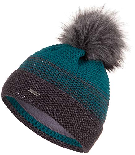 Faera Mütze Damen Wintermütze warm gefüttert mit Fleecefutter Kunstfell Bommelmütze Winter Herbst Bommel Strickmütze Beanie 60, Farbe:Petrol von Faera