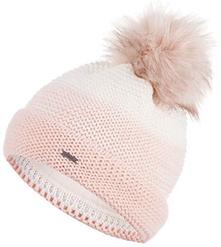 Faera Mütze Damen Wintermütze warm gefüttert mit Fleecefutter Kunstfell Bommelmütze Winter Herbst Bommel Strickmütze Beanie 60, Farbe:Rosa von Faera