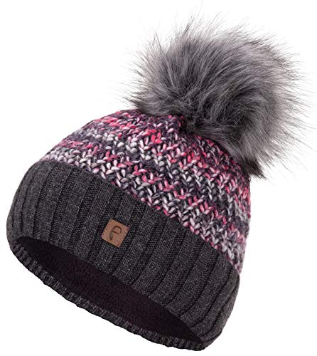 Faera Wintermütze Mütze Damen gefüttert mit Kunstfell Bommelmütze Bommel Fleecefutter Winter Strickmütze Beanie Mädchen, Farbe:Anthrazit von Faera