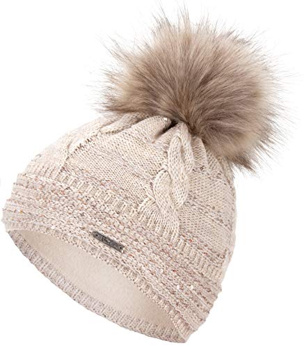 Faera Wintermütze Mütze Damen Pailletten warm gefüttert Bommelmütze Fleecefutter Winter Mädchen Weihnachten Strickmütze Beanie, Farbe:Beige von Faera