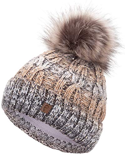 Faera Wintermütze Mütze Damen gefüttert mit Pailletten Bommelmütze Fleecefutter Winter Strickmütze Beanie-Mütze, Farbe:Beige von Faera