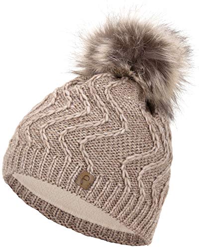Faera Mütze Damen Wintermütze warm gefüttert mit Kunstfell Bommel Bommelmütze Fleecefutter Winter Strickmütze Beanie, Farbe:Beige von Faera