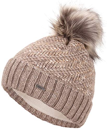 Faera Wintermütze Mütze Damen warm gefüttert mit Kunstfell Bommel Bommelmütze Fleecefutter Winter Strickmütze Beanie Mädchen 42, Farbe:Beige von Faera