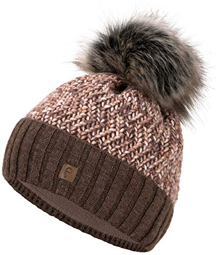 Faera Wintermütze Mütze Damen gefüttert mit Kunstfell Bommelmütze Bommel Fleecefutter Winter Strickmütze Beanie Mädchen, Farbe:Braun von Faera