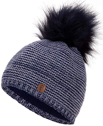 Faera Wintermütze Mütze Damen warm gefüttert Kunstfell Bommel Bommelmütze Fleecefutter Winter Strickmütze Beanie Mütze 31, Farbe:Dunkelblau von Faera