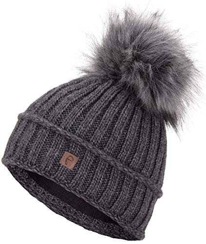 Faera Wintermütze Damen Mütze gefüttert mit Kunstfell Bommelmütze Mädchen Fleecefutter Winter Strickmütze Beanie Herren 34, Farbe:Grau von Faera