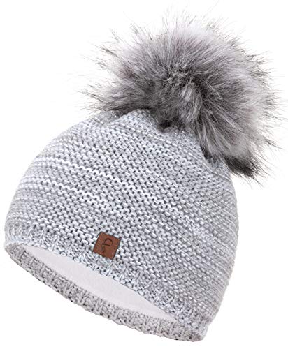 Faera Wintermütze Mütze Damen warm gefüttert Kunstfell Bommel Bommelmütze Fleecefutter Winter Strickmütze Beanie Mütze 31, Farbe:Hellgrau von Faera