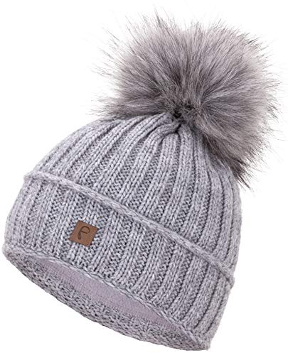 Faera Wintermütze Damen Mütze gefüttert mit Kunstfell Bommelmütze Mädchen Fleecefutter Winter Strickmütze Beanie Herren 34, Farbe:Hellgrau von Faera