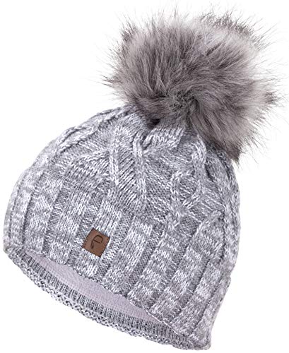 Faera Wintermütze Müttze Damen warm gefüttert mit Bommel Mädchen Bommelmütze Fleecefutter Winter Strickmütze Beanie Herren 33, Farbe:Hellgrau von Faera