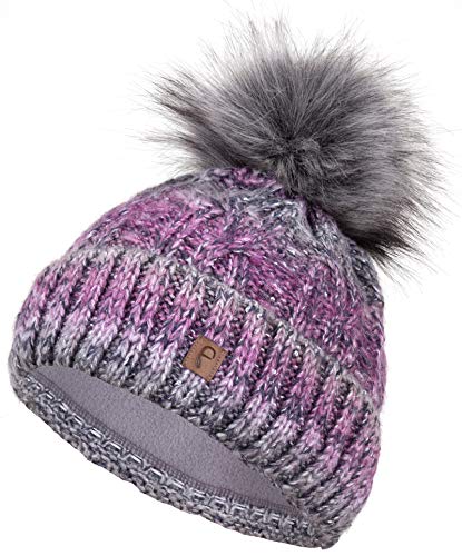 Faera Wintermütze Mütze Damen gefüttert mit Pailletten Bommelmütze Fleecefutter Winter Strickmütze Beanie-Mütze, Farbe:Lila von Faera